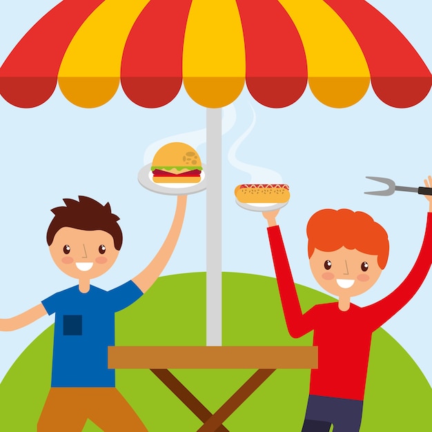 Young men happy in wooden table picnic