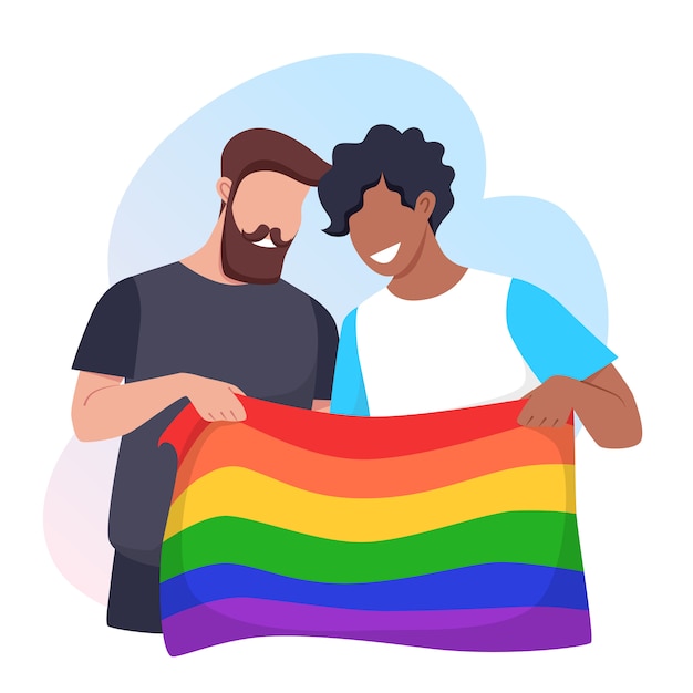 Young men hold a rainbow LGBT pride flag. Sexual minority rights concept. Vector illustration.