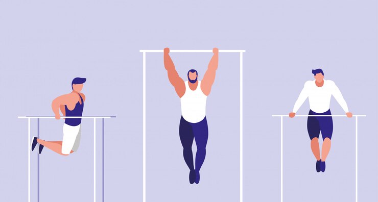 Vector young men practicing gymnasia in bars