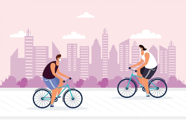 Young men riding bicycle wearing medical mask  illustration 