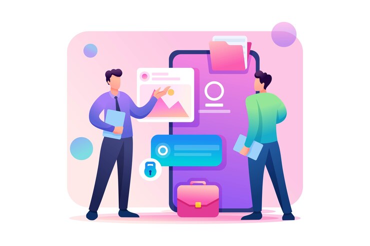 Vector young men standing near the mobile phone screen in flat design