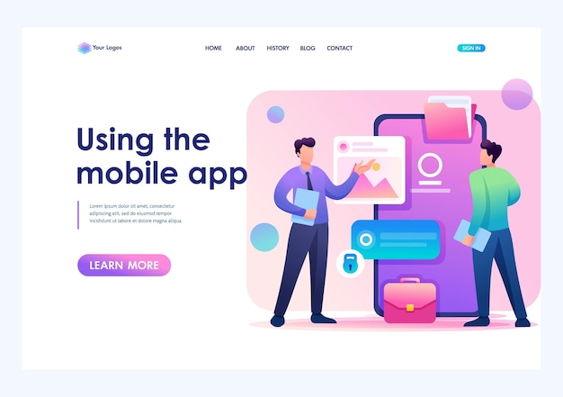 Young men standing near the mobile phone screen the use of mobile application flat 2d character landing page concepts and web design