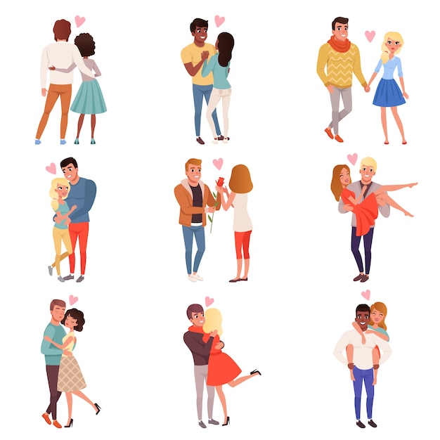 Young men and women characters in love hugging set, happy romantic loving couples cartoon