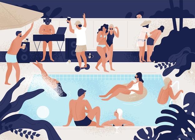 Giovani uomini e donne che si divertono alla festa in piscina all'aperto o all'aperto. la gente si tuffa, galleggia nell'anello di gomma, balla, cammina, parla. illustrazione vettoriale colorato moderno in stile cartone animato piatto.