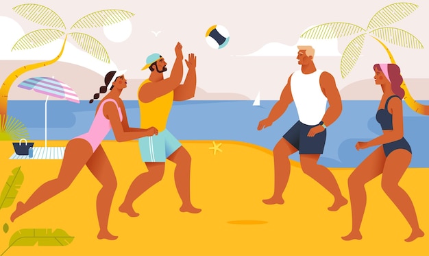 young men and women play volleyball on the beach on a sunny day