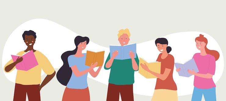Vector young men and women students reading books readers standing and holding open textbooks or paperback