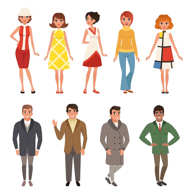 Young men and women wearing retro clothing set, vintage fashion people from 50s and 60s