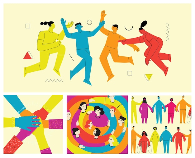 Young men and women with abstract geometric shapes Team building and teamwork concept Business partnership cooperation and communication Modern flat cartoon style