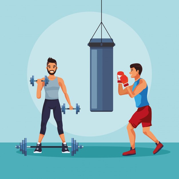 Young mens boxing and lifting weights vector illustration graphic design