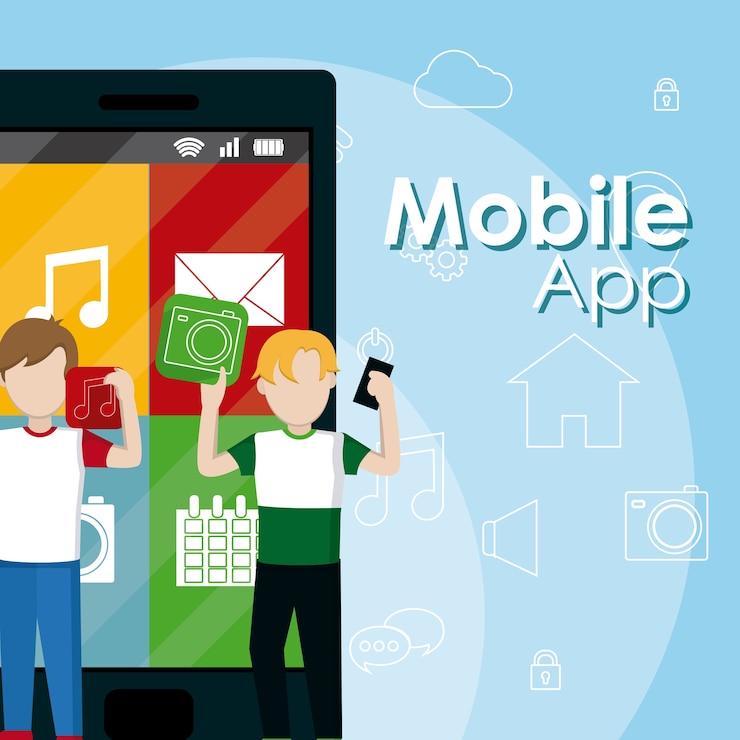 Vector young mens using smartphones mobile apps 
