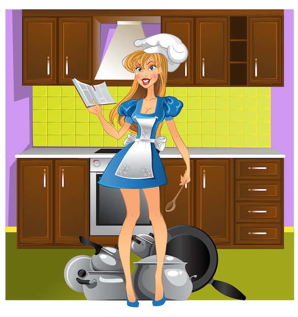 Vector young mistress on the violet kitchen