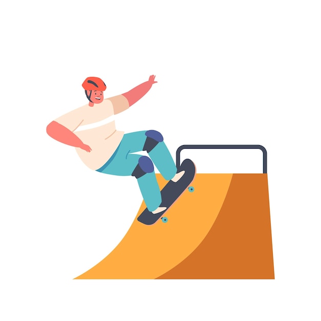 Young Modern Boy In Jumping On Skateboard At Quarter Pipe Ramp Skateboarder Teen Child Male Character Skateboarding