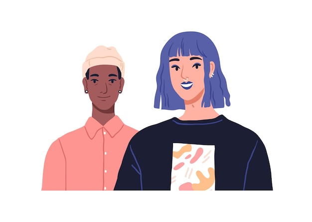 現代の若いカップルの肖像画。異なる人種の幸せな男女。トレンディなファッションの友人、若者。スタイリッシュな彼女と彼氏。白い背景に分離されたフラット グラフィック ベクトル図