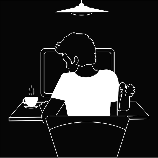 Young modern guy working on laptop at home or office black and white vector in simple style or hand drawing  technic man character flat illustration