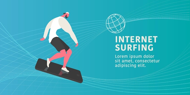 Young modern man riding a phone as a board while internet surfing flat style concept  illustration
