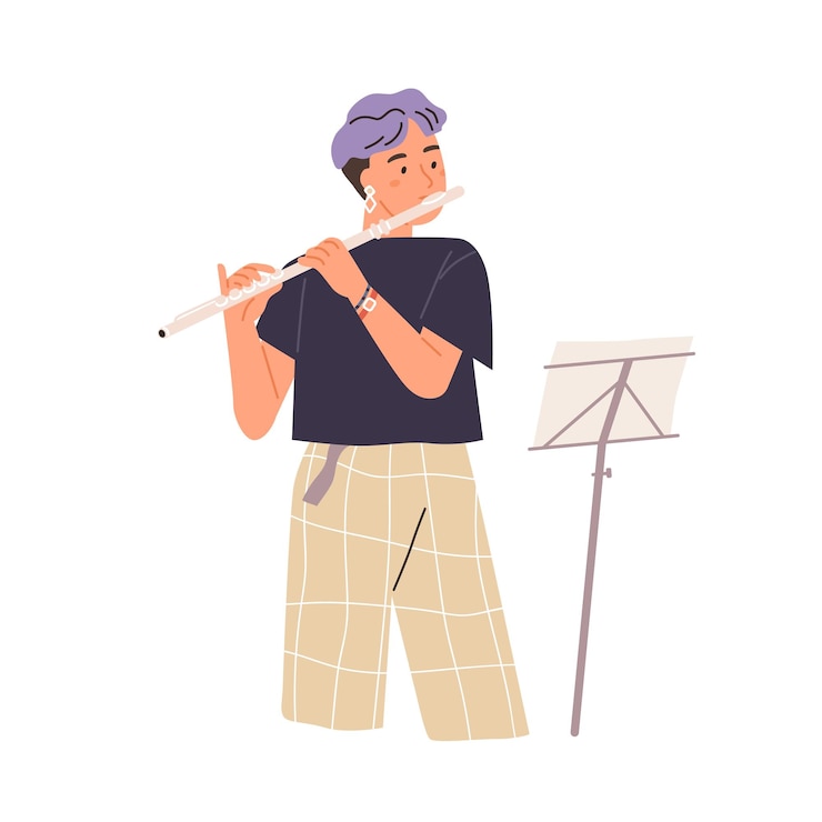 Vector young modern musician performing on flute. female flutist with fife and music stand. student learning to play wind instrument. colored flat vector illustration isolated on white background.