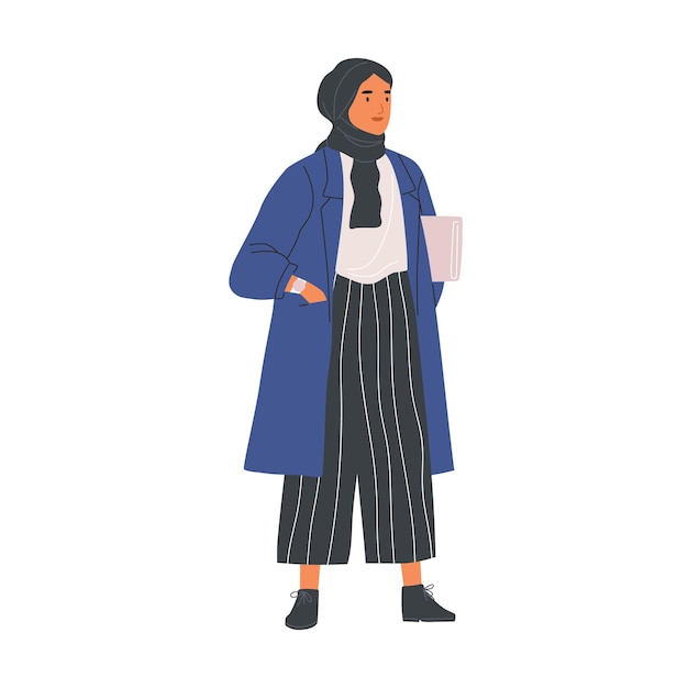Молодая современная мусульманка в модной повседневной одежде и хиджабе. Модный арабский женский персонаж в брюках и традиционном головном уборе на белом фоне. Плоская векторная иллюстрация.