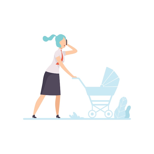 Young Mom in Business Clothes Walking with Stroller and Talking on Phone Freelancer Parent Working with Child Mommy Businesswoman Vector Illustration Isolated on White Background