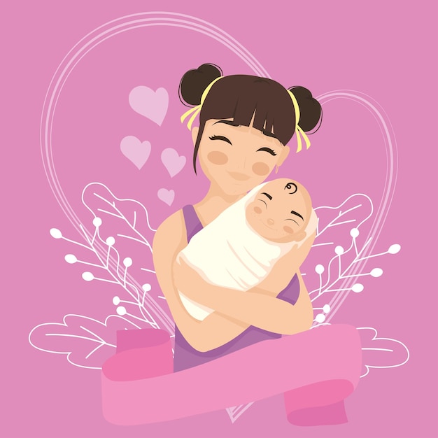 Vector young mom hugging baby postcard