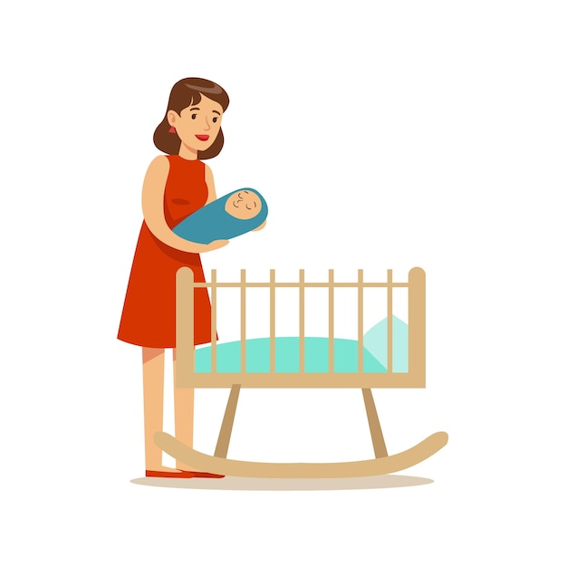 Young Mom Putting Newborn Baby To Bed Happy Family Having Good Time Together Illustration