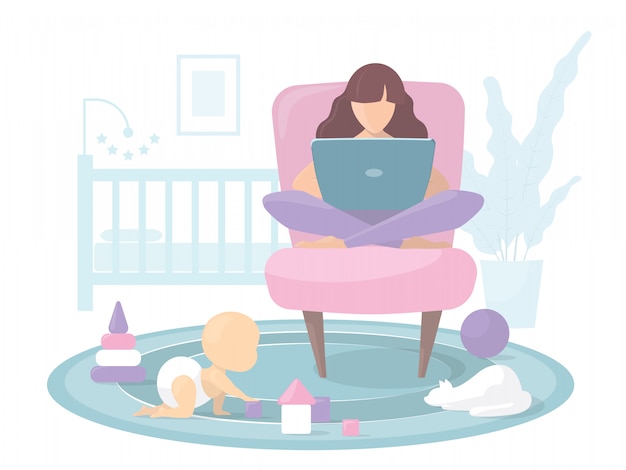 Vector young mom working from home at the computer. the child plays on the floor with toys and bloks. the cat is sitting on the carpet. in the background is a bed and a home flower. flat illustration.