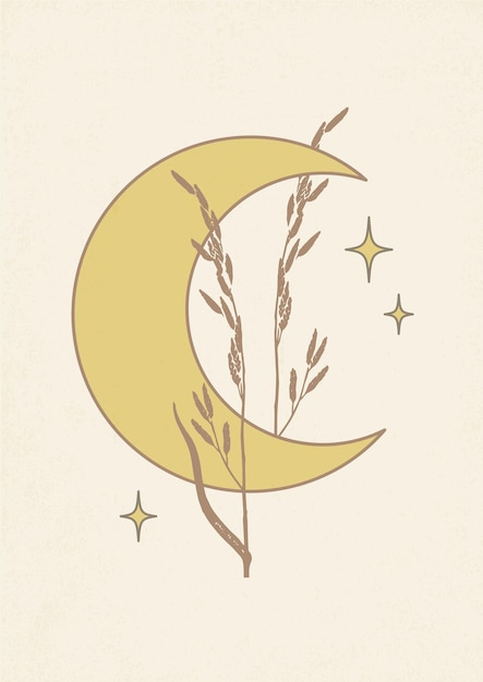 Vector young moon and meadow grass aesthetic poster mystical drawing half moon