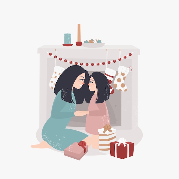 Vector young mother and daughter sit by the fireplace and open christmas presents