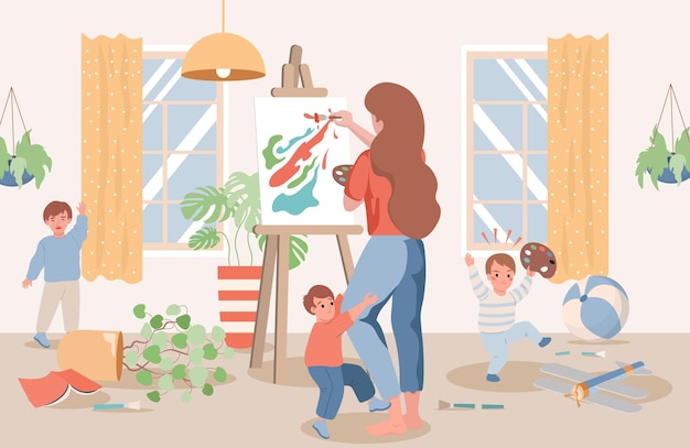young mother drawing abstract picture