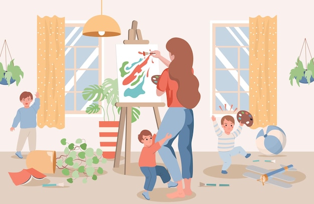 Young mother drawing abstract picture