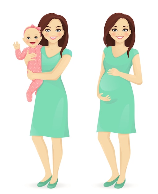 Young mother holding her newborn baby. Pregnant woman vector illustration isolated