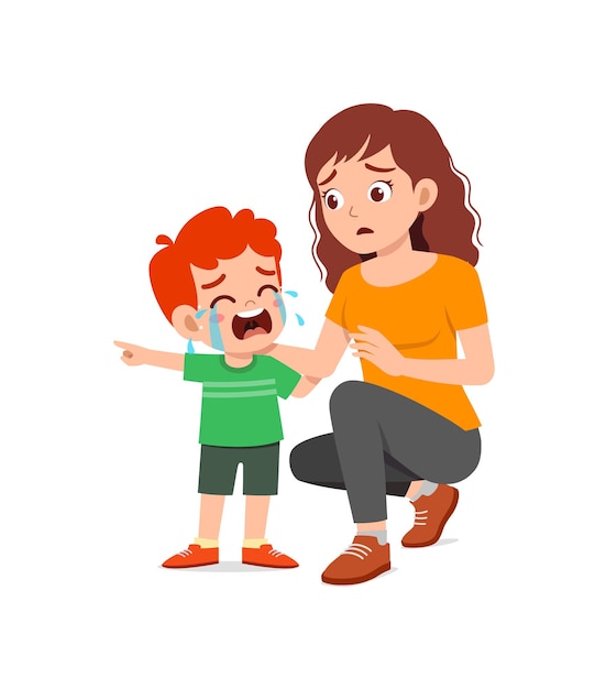 Vector young mother hug crying little boy and try to comfort