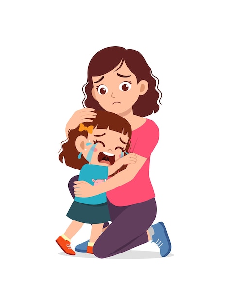 Vector young mother hug crying little girl and try to comfort