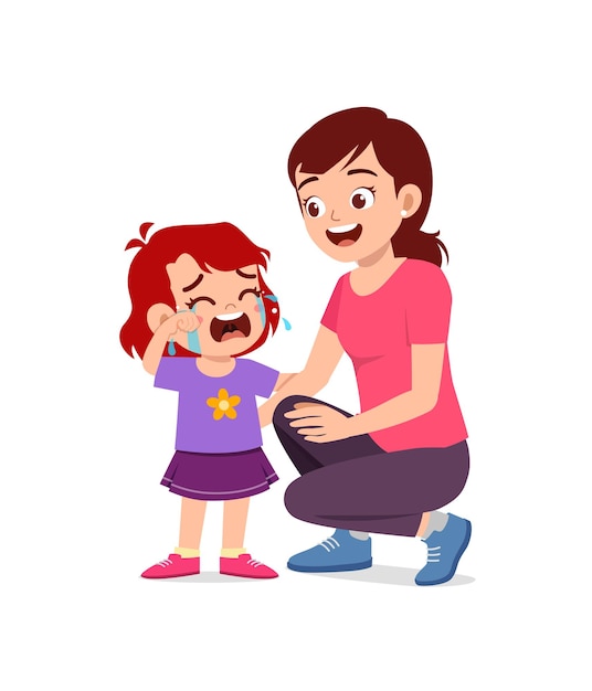 Vector young mother hug crying little girl and try to comfort