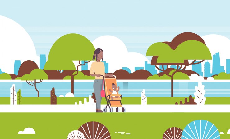 Vector 若い母親と子供と乳母車を押す都市公園女性を歩いてベビーカーで生まれたばかりの赤ちゃんの男の子