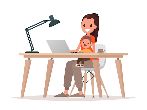 La giovane madre si siede con un bambino e lavora a un computer portatile. madre libera professionista, lavoro a distanza a casa e crescita di un figlio. in stile piatto