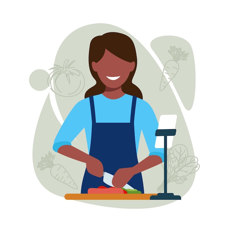 Vector young mother slicing cooking ingredients