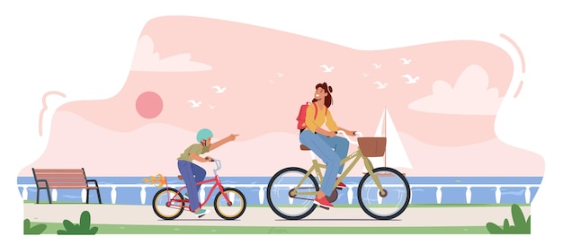 Vector young mother and son riding bicycle along embankment with seaview boy and woman happy family characters walking