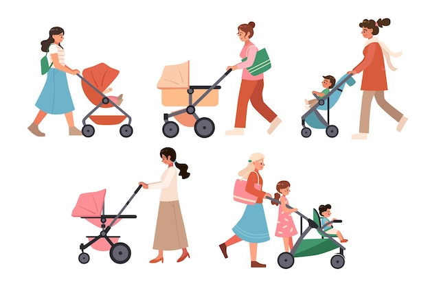 Vector young mother walking her child in stroller