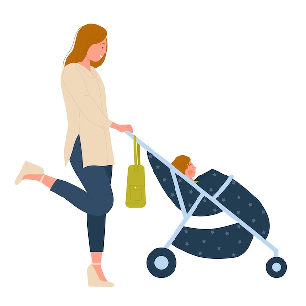 Vector young mother walking with baby stroller