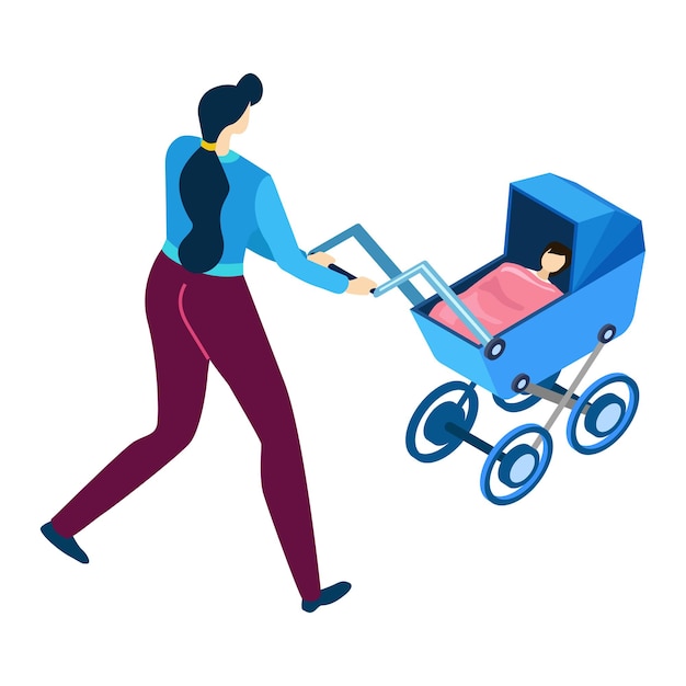 ベクトル 幼い母親が赤ちゃんのベビーカーで歩き ⁇ 子供のベビーカーを押している女性が母親になり ⁇ 世話をしています ⁇