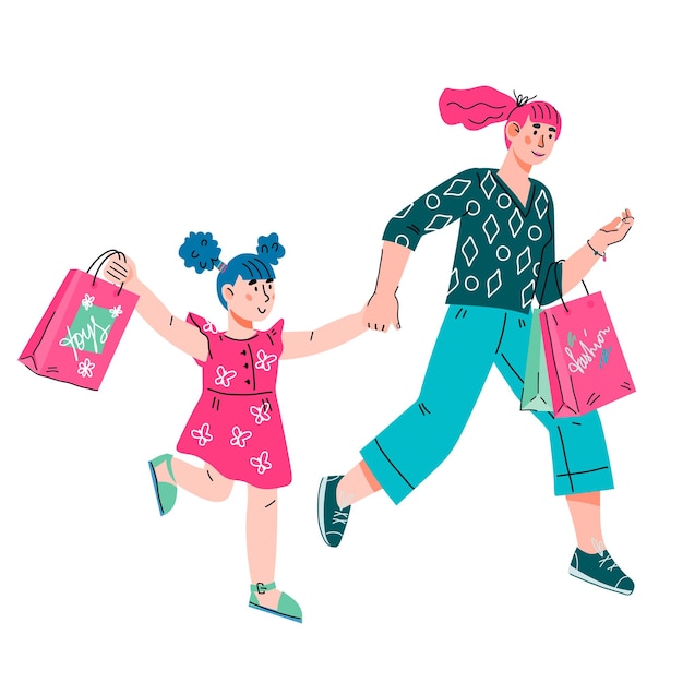 Vector young mother with daughter shopping together  woman and child girl with shopping bags