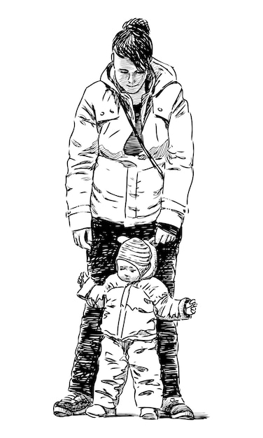 Vector young mother with little child walking outdoors together sketch vector hand drawing black and white