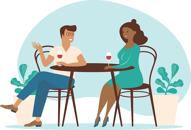 Vector young multiracial couple spend time in cafe summer terrace talking drinking wine