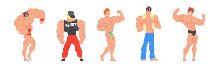Vector 筋肉を示す立っている若い筋肉の男キャラクターベクトルセット