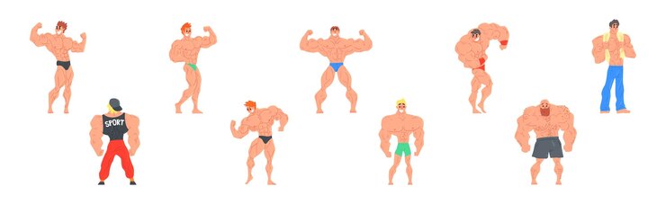 Vector 근육이 많은 젊은 남자 캐릭터 근육을 보여주는 서 있는 터 세트