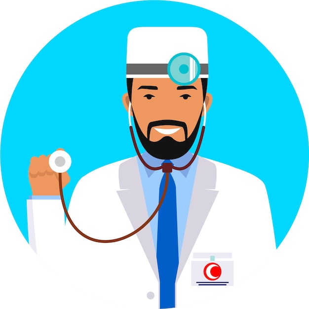 Молодой мусульманский арабский врач скорой помощи мужчина персонаж Аватар икона в плоской векторной иллюстрации