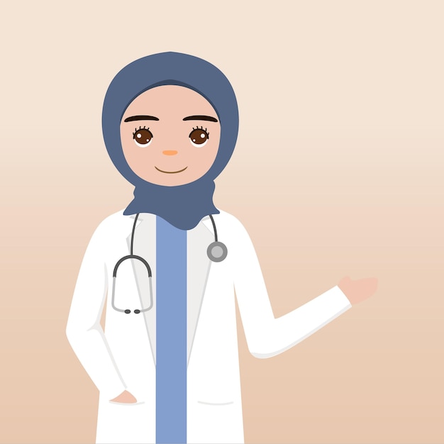벡터 젊은 무슬림 의사는 히잡을 착용하고 환자 벡터 삽화를 만납니다.
