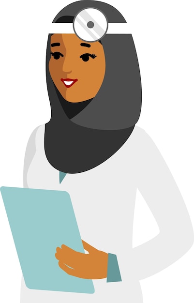 Vector young muslim doctor woman with frontal reflector flat style