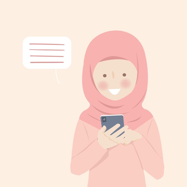 Vector young muslim girl chatting with a mobile phone