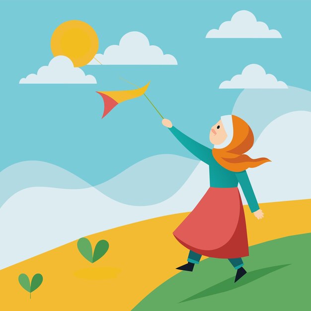 Young muslim girl happily flying a kite in a sunny field a muslim girl flying a kite on a sunny day simple and minimalist flat vector illustration